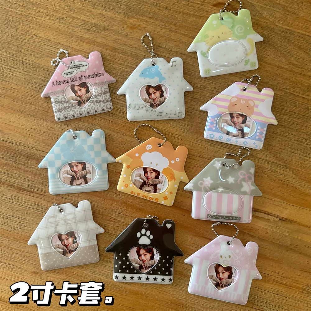 Ins Style Cute Striped House Shape 2 Inch ID Photo Card Cover Love Head Sticker Photo Storage Bag Pendant