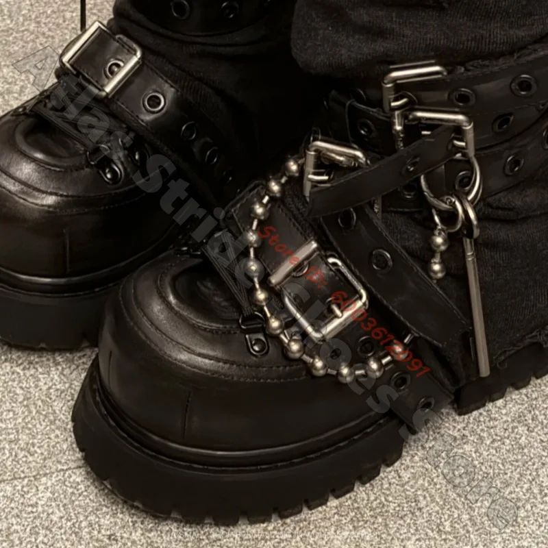 Distressed Frayed Fabric Wrap Leather Combat Boots Metal Ball Chain Buckle Strap Lug Platform Gothic Booties Dark Ankle Boots