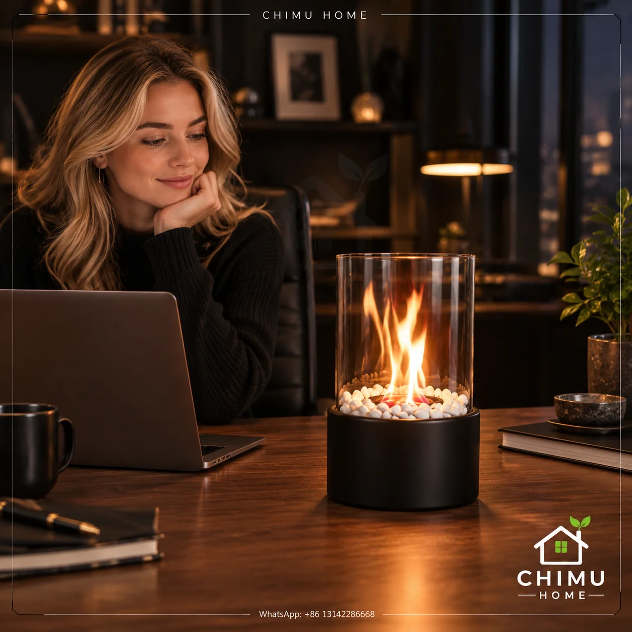 【CHIMU HOME】CH-TF01 Portable Smokeless Tabletop Fireplace with Metal Base and Glass Cylinder for Indoor and Outdoor Use