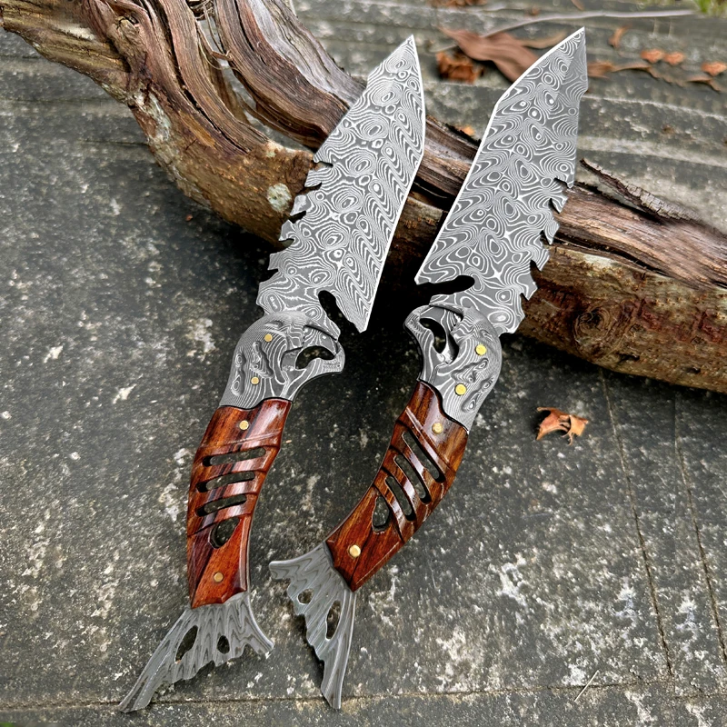 High-quality, handcrafted Damascus steel fixed-blade knife; practical outdoor hunting knife; fixed-blade knife suitable for camping; men's survival multi-purpose EDC tool knife