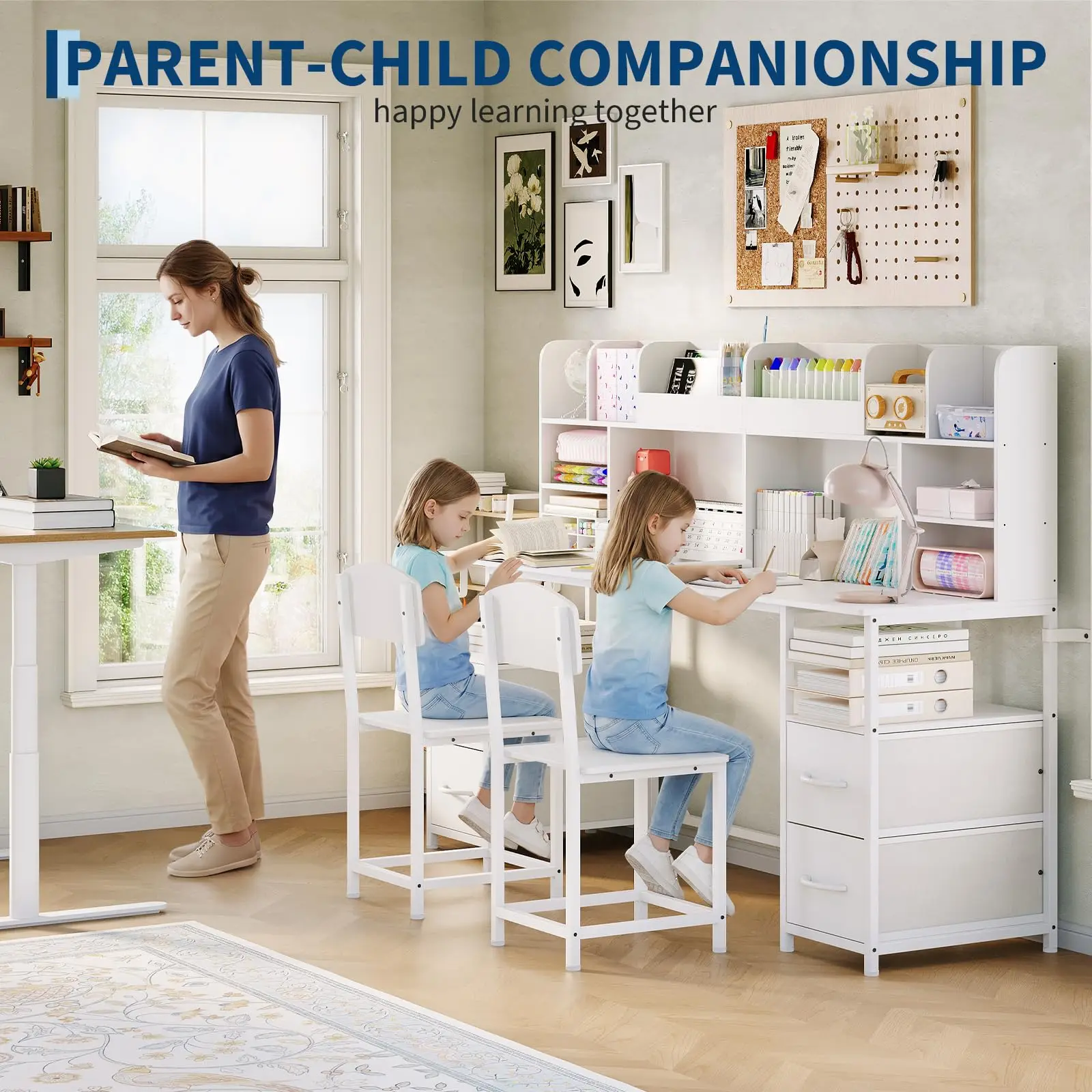 69in Double Kids Desk & Chair Set With Hutch, 4 Drawers, Shelves & Hooks, 2-Person Study Table Ages 6-12 Bedroom Playroom