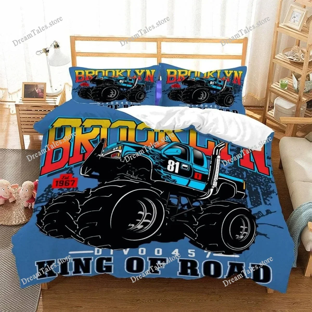 Racing Themed Bedding 3D Printed Cartoon Monster Truck Pattern, Soft Down Anti Allergy Down Duvet Cover, Adult Bedding Set, Teen