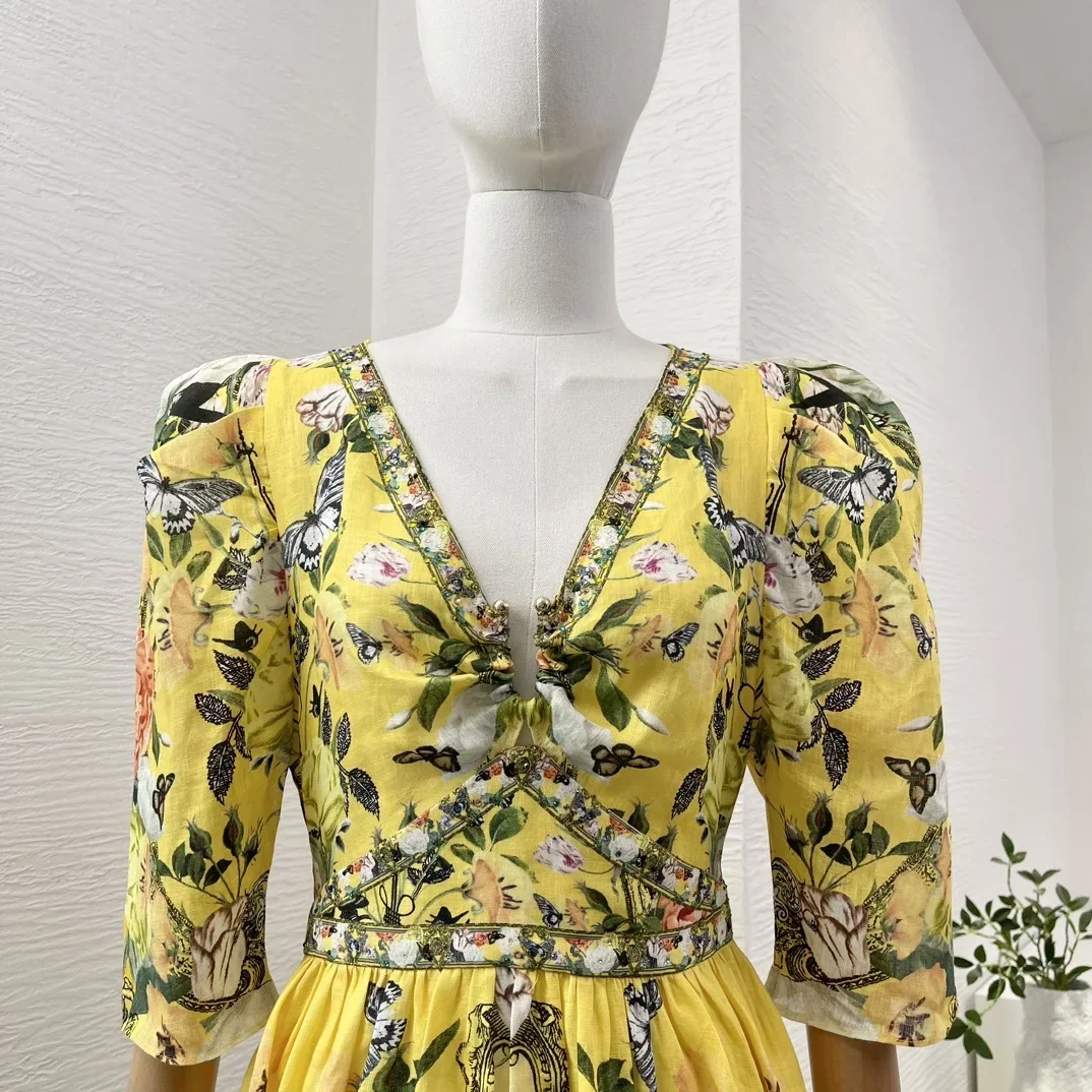 Yellow Floral Butterfly Print Long Sleeve Deep V Neck Diamonds Pressed Midi Dress for Women New High Quality