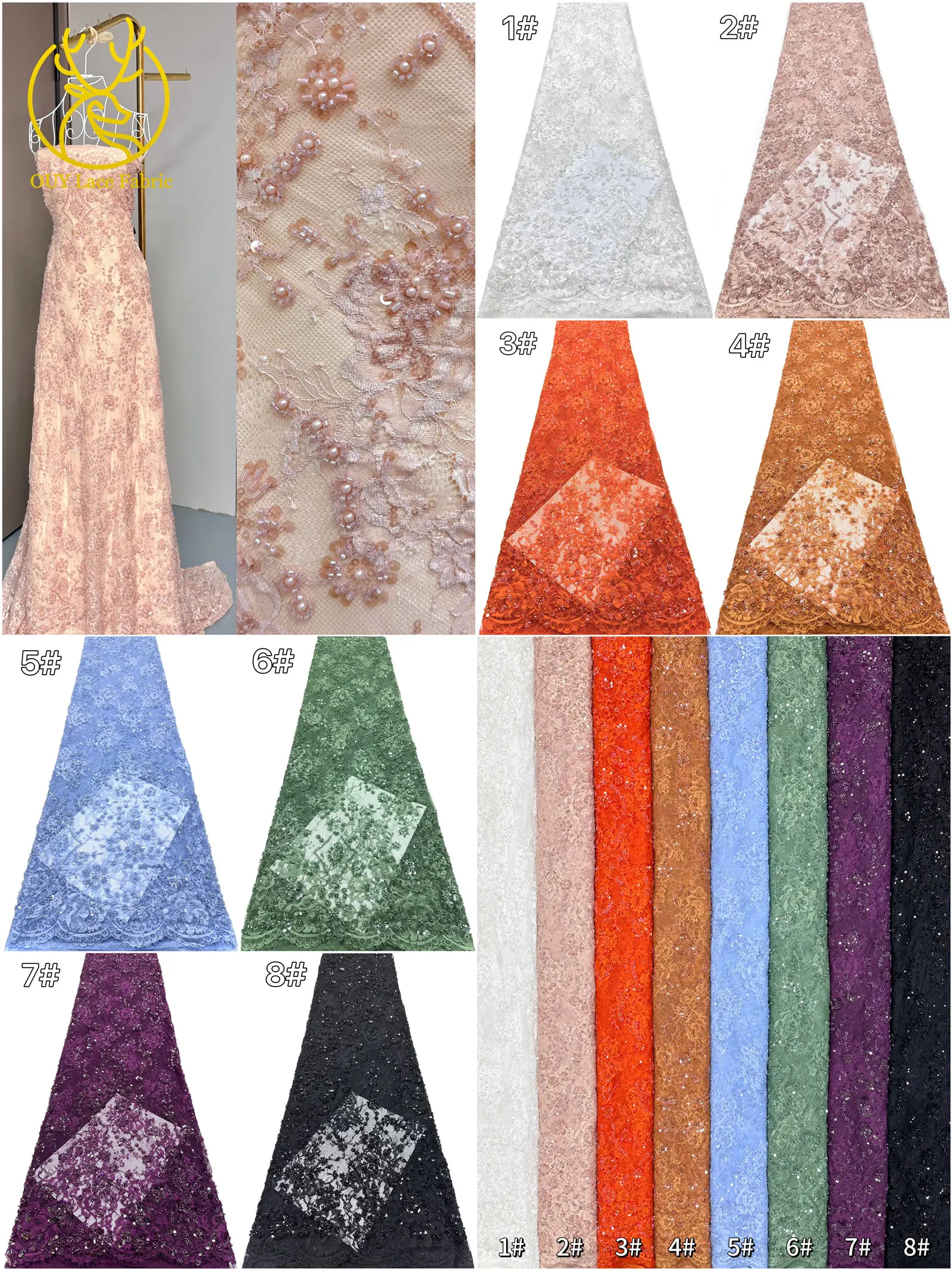 3 Meter exquisiter Perlen-Spitzenstoff, afrikanischer Spitzenstoff mit Pailletten und verstreuten Blumenstickereien zum Nähen von Brautkleidern – Detail 3