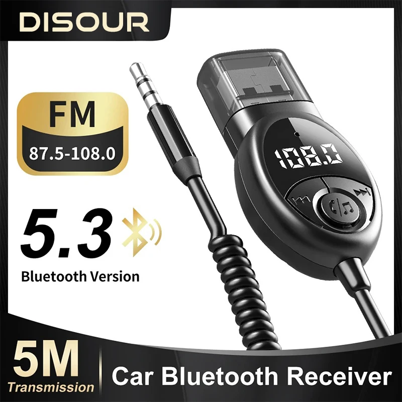Receptor de áudio do carro FM com microfone, adaptador sem fio, Bluetooth 5.3, USB, 3,5mm AUX, chamada handsfree