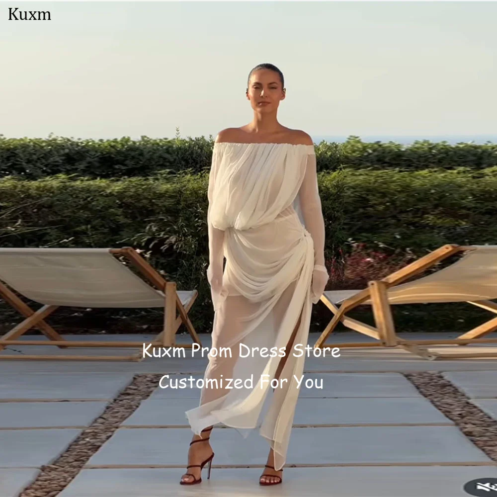 Kuxm Chiffon A Line Vestido De Noiva Casamento Strapless High Slit Fashion Novias Oficial Long Sleeves Vestido Noiva Customizeda
