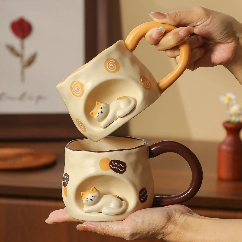 3D Three-dimensional Cat Ceramic Mug, Ins-style High-looking Afternoon Tea Cup for Girls, 350ml Household Children's Milk Cup