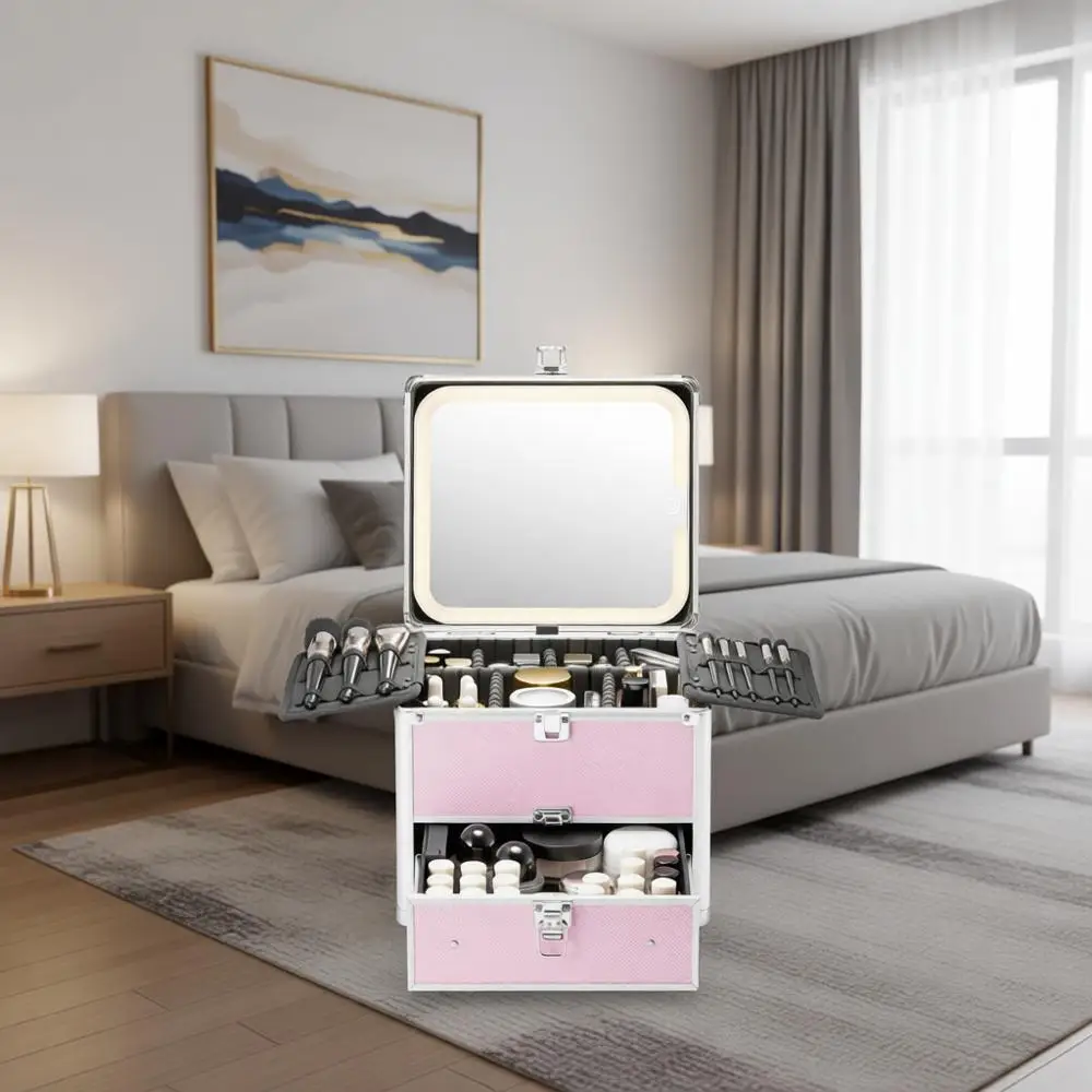 

Съемный кейс для макияжа со светодиодной подсветкой, водонепроницаемый дорожный органайзер для косметики с регулируемым отделением и магнитным зеркалом, розовый