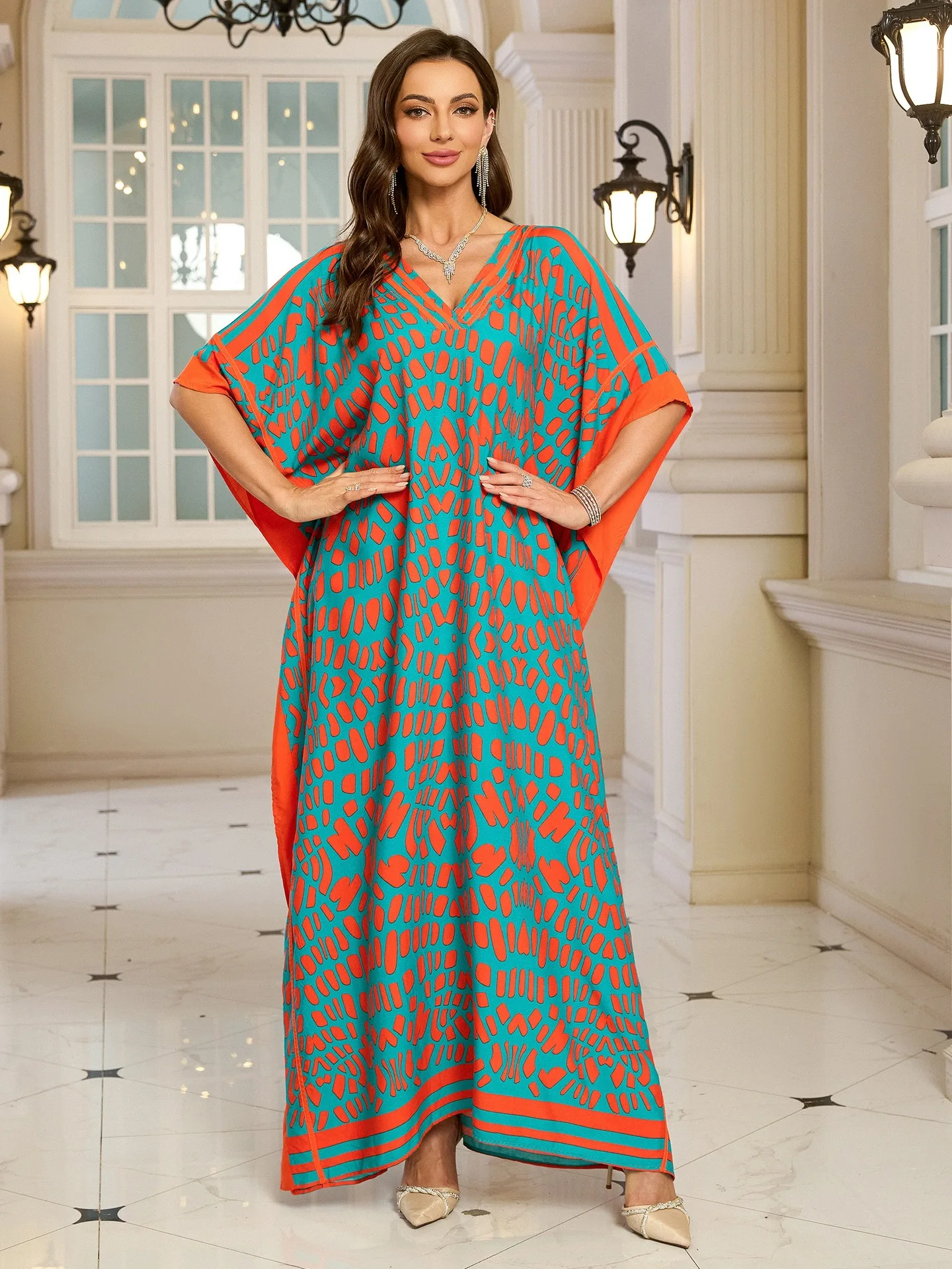 Beach Cover Ups Patchwork Maxi Dresses Elegant Holiday Kaftans for Women Side Split Summer Bathing Suits Dropshipping