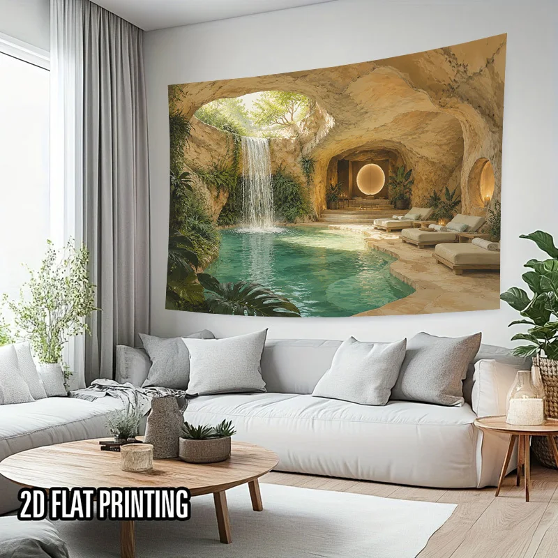 Large Printed Tapestry Wall Hanging Tropical Waterfall Lagoon Mural Boho Style Spa Decor Bathroom Nursery Art