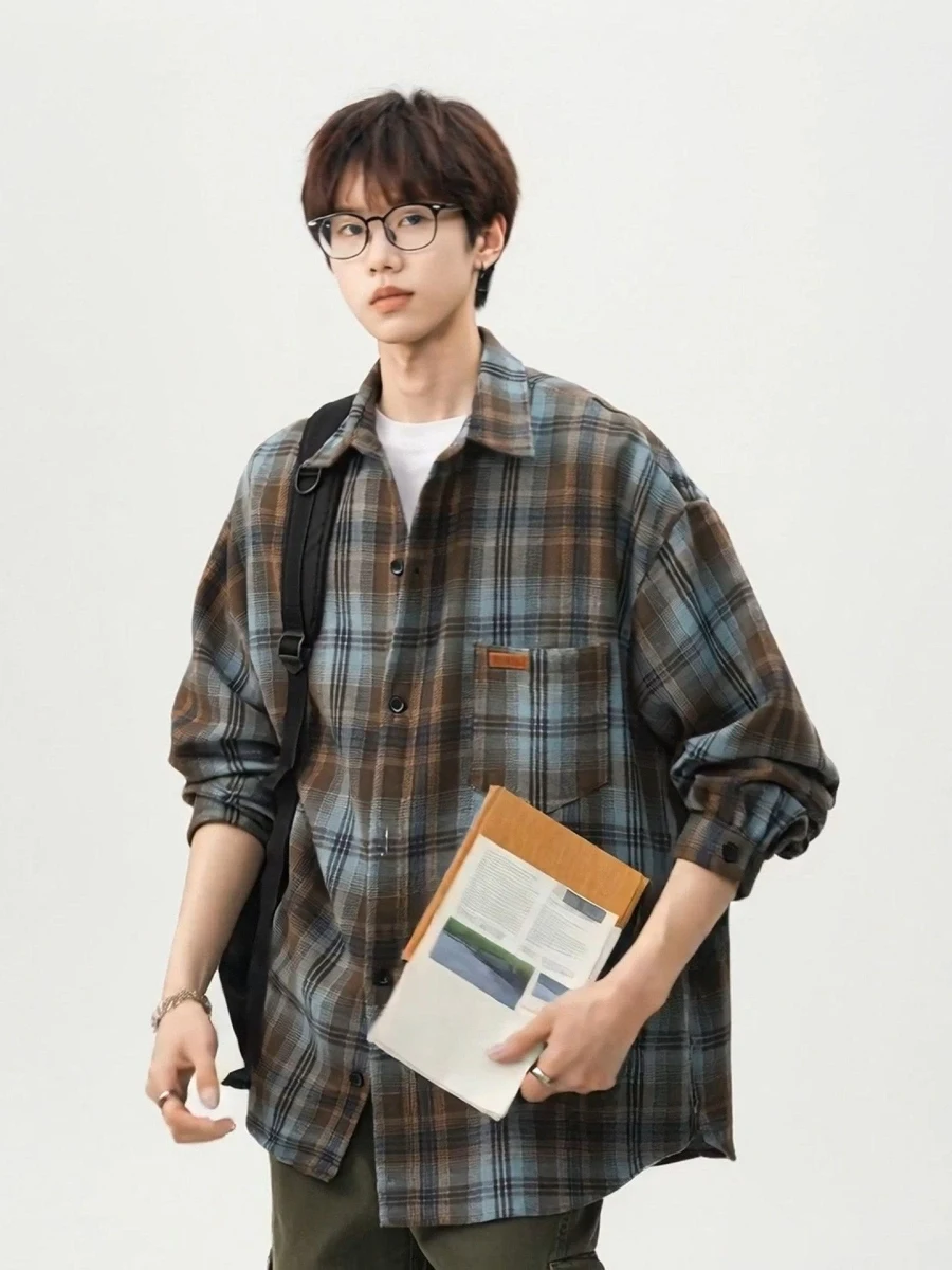 

American Retro Plaid irt Men's Long Sve Spring Vine Haome High Quali Couple's Outerwear Cardigan Coat
