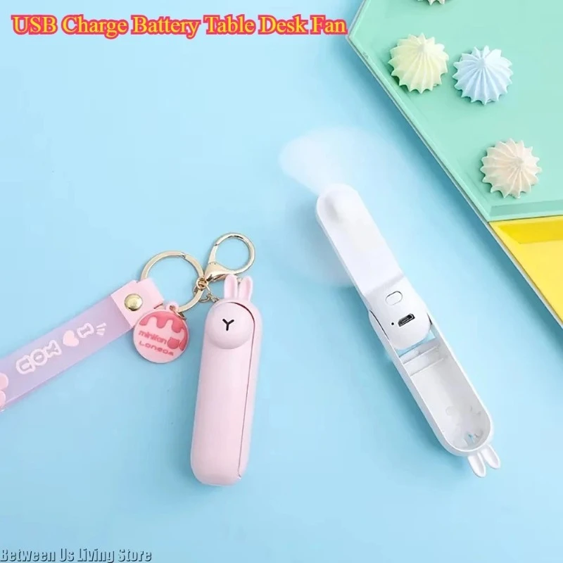 Cute Mini Folding Table Fan USB Charging Battery Powered Handheld Fan Hidden Blade With Switch Rope Buckle Portable Cooling Fan