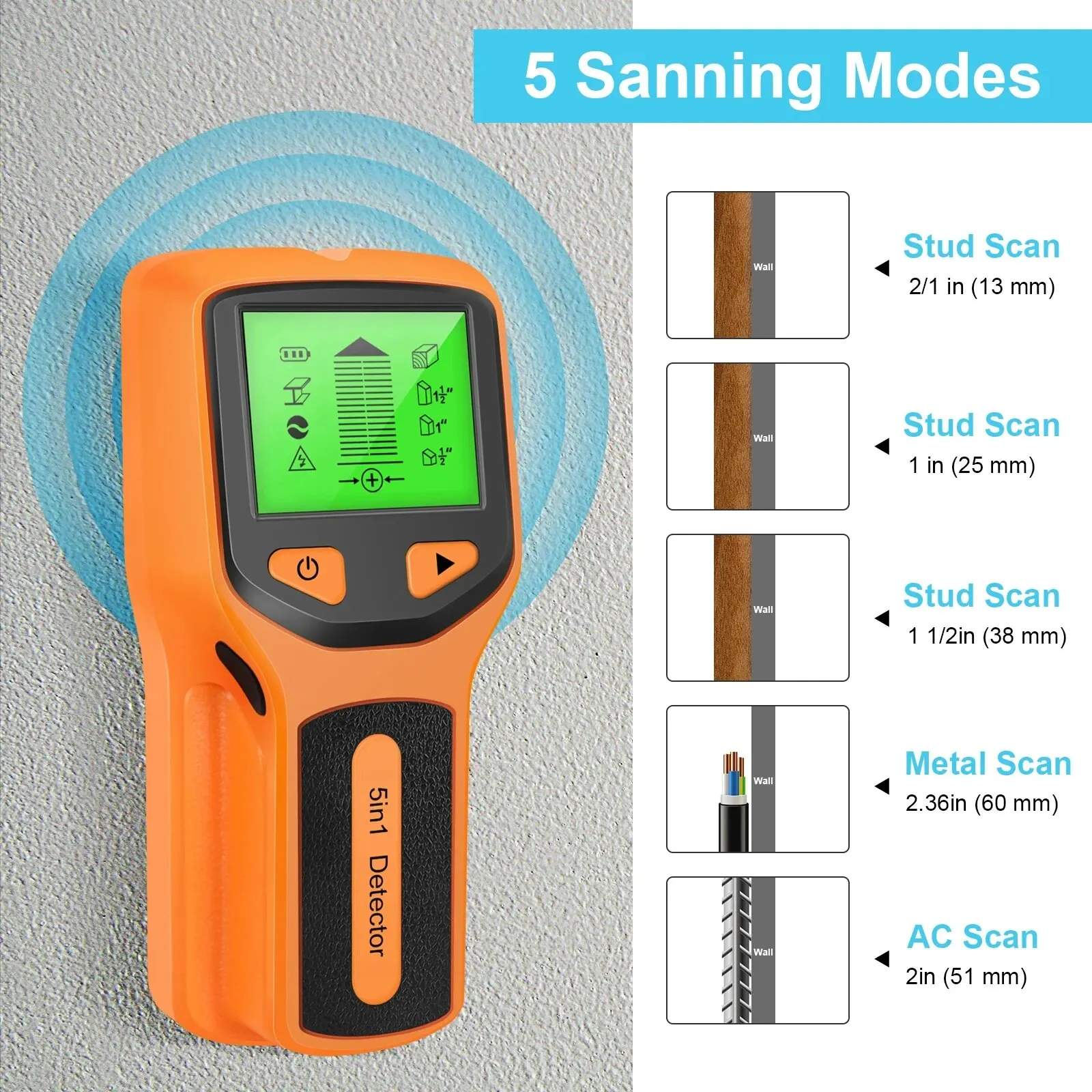 5 in 1 Stud Detector Wall Wood Scanner Digital Handheld Wall Detector Live AC Wires Cable PVC Water Pipe Metal Finder Scanner