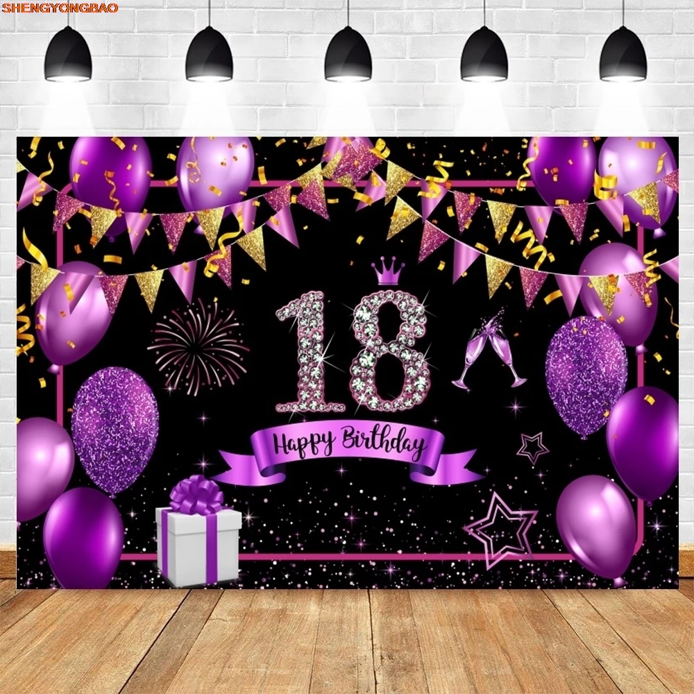 18th Birthday Party Backdrop Banner Black Gold Glitter Balloons Boy Girl 18 Years Old Birthday Customize Photography Background