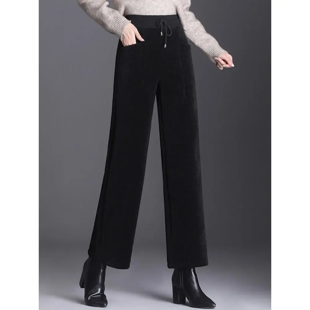 European coffee colored straight leg pants for women's autumn new high-end fashion plus size elastic waist casual wide leg pants