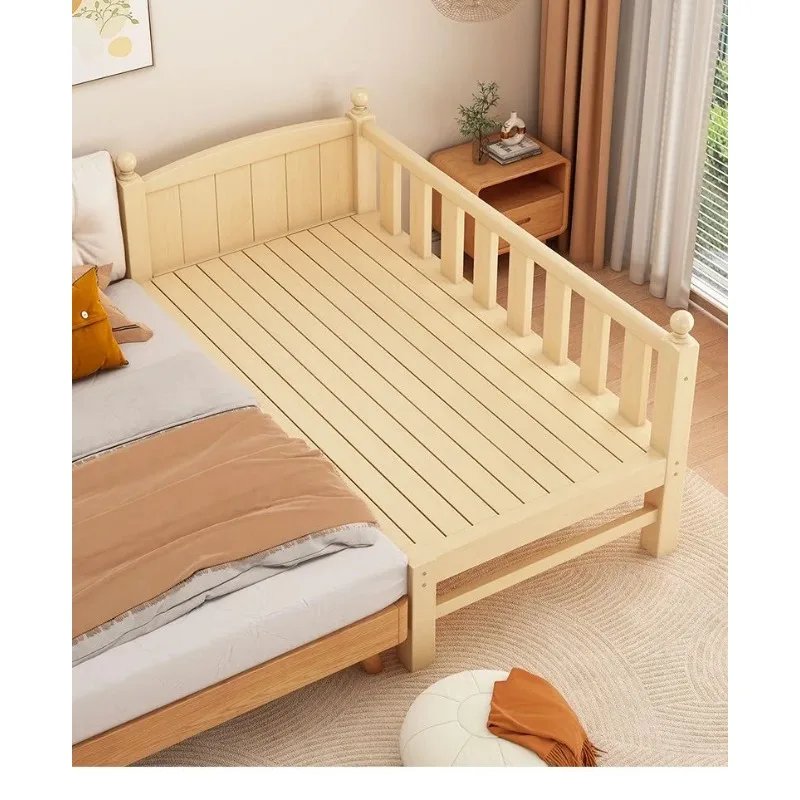 Adjustable Height Children's Splicing Bed Wider Solid Wood Frame with Guardrail Baby Single Bed Kids' Crib Safety And Comfort