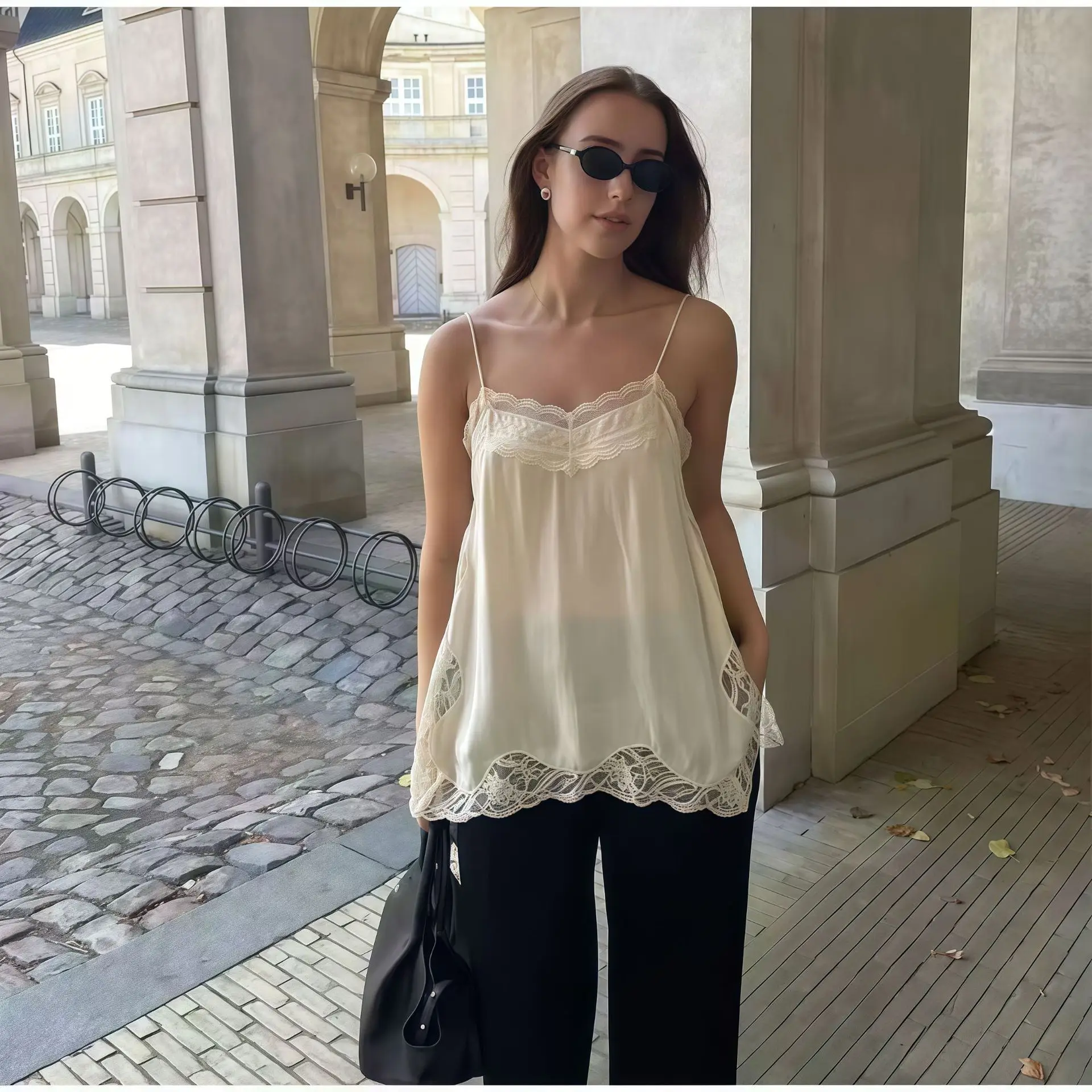 Sexy Lace Patchwork Sling Top Women Elegant Sleeveless Square Neck Backless See Through Blouse 2026 New Lady Vacation Party Tops