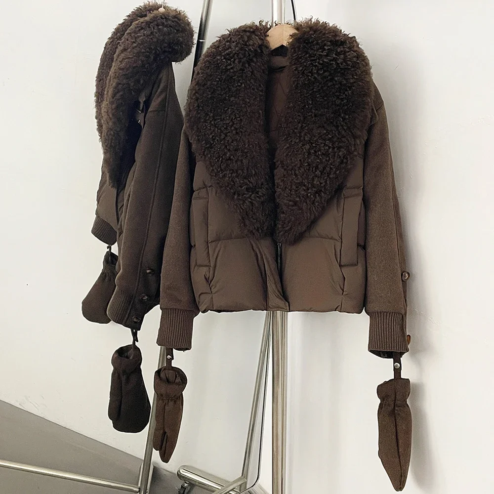 OFTBUY Abnehmbare Handschuhe Echte Lammwolle Pelz-Pufferjacke Daunenjacke mit Natürlichem Pelzkragen Neue Winter-Daunenkleidung für Damen – Detail 8