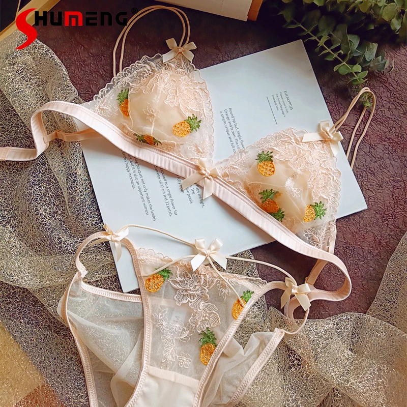 

Wireless Triangle Cup Bra Set for Girls French Sexy Pure Desire Brief Suits Women Embroidered Mesh Lace Ultra Thin Intimates