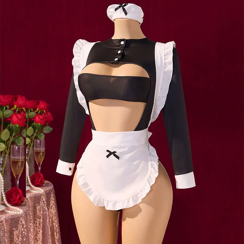エロティックメイドユニフォーム コスプレ ランジェリー セット オープンブラ ビッグリボンエプロン + ロングスリーブボディスーツとヘッドバンド