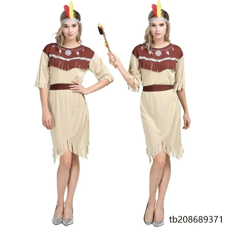 زي القائد الهندي التقليدي للنساء، زي الأداء في الهالوين، زي الرجل البري الأصلي للرجال والنساء، زي المسرح العرقي التقليدي #4