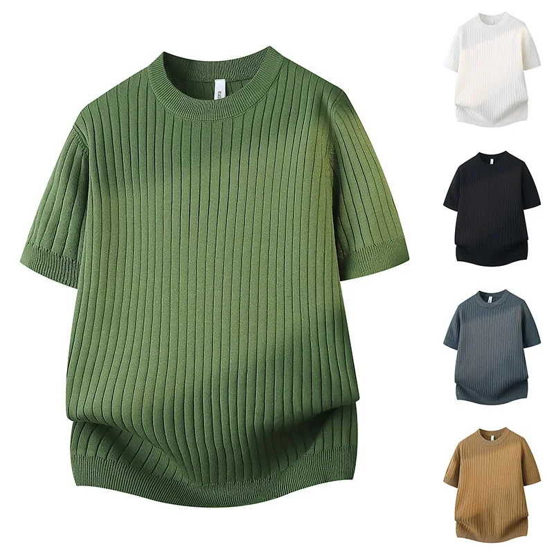 Summer new knitted sweater short-sleeved T-shirt men's striped slim-fitting ice silk