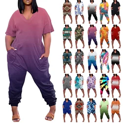 Zomer Dames Sexy Losse Stevige Print V-Hals Romper Mode Casual Pocket Korte Mouwen Jumpsuits Plus Size Monos Mujer