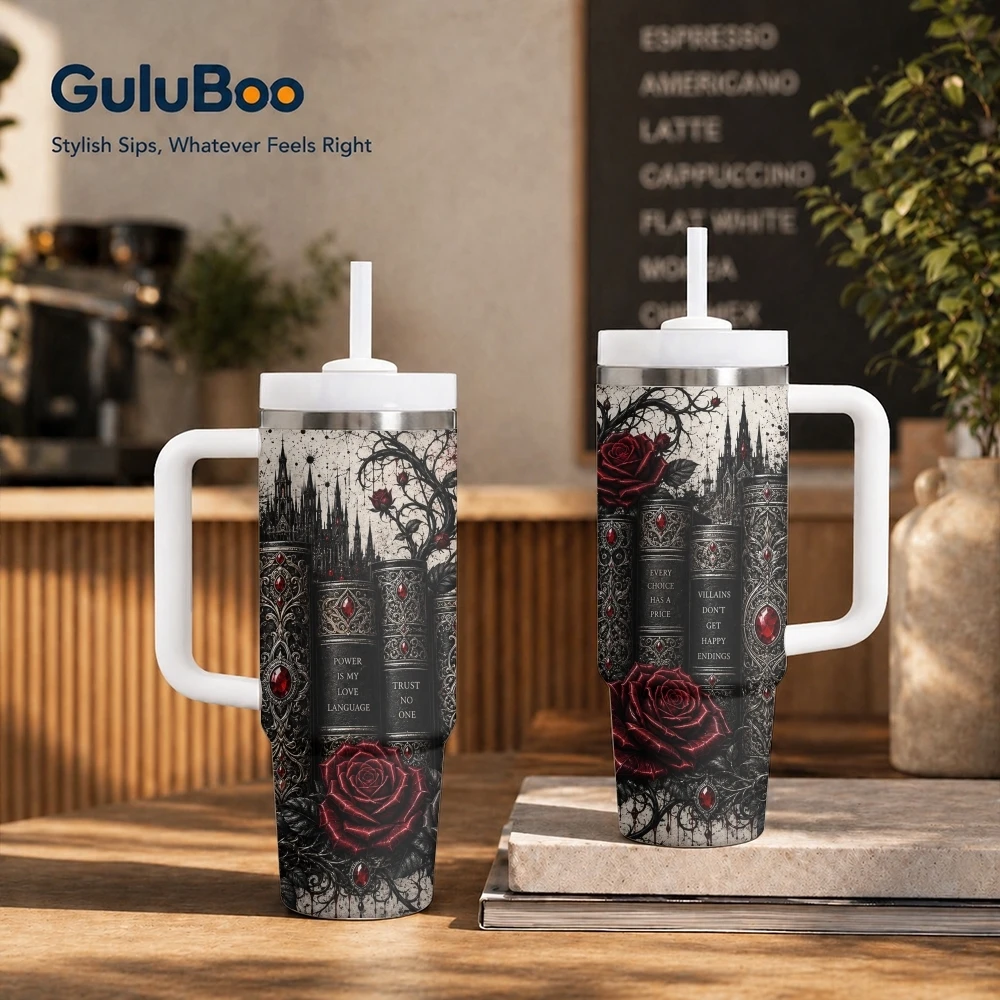 Dark Gothic Book Roses Vacuum Flasks 40oz Stainless Steel Insulated Tumbler with Handle & Straw Leakproof Travel Mug