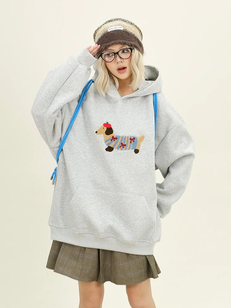 Women Sweatshirt Streetwear Couples Tops Casual Loose Hoodie Autumn Winter Cartoon Dog Embroidery Hooded Pullover