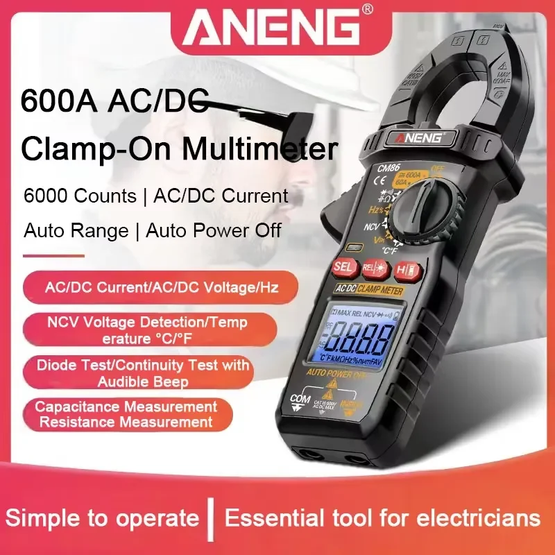 Electrician Industrial-Grade Digital Clamp Meter High-Precision Clamp-On Multimeter Resistance 600A DC Current LCD Display