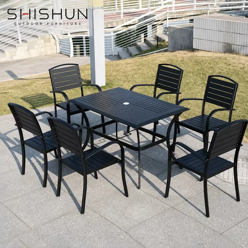DURABLE LIGHTWEIGHT ALUMINUM MODERN OUTDOOR DINING BISTRO TABLES AND CHAIRS SET FOR VILLA PARK HOTEL PATIO USE