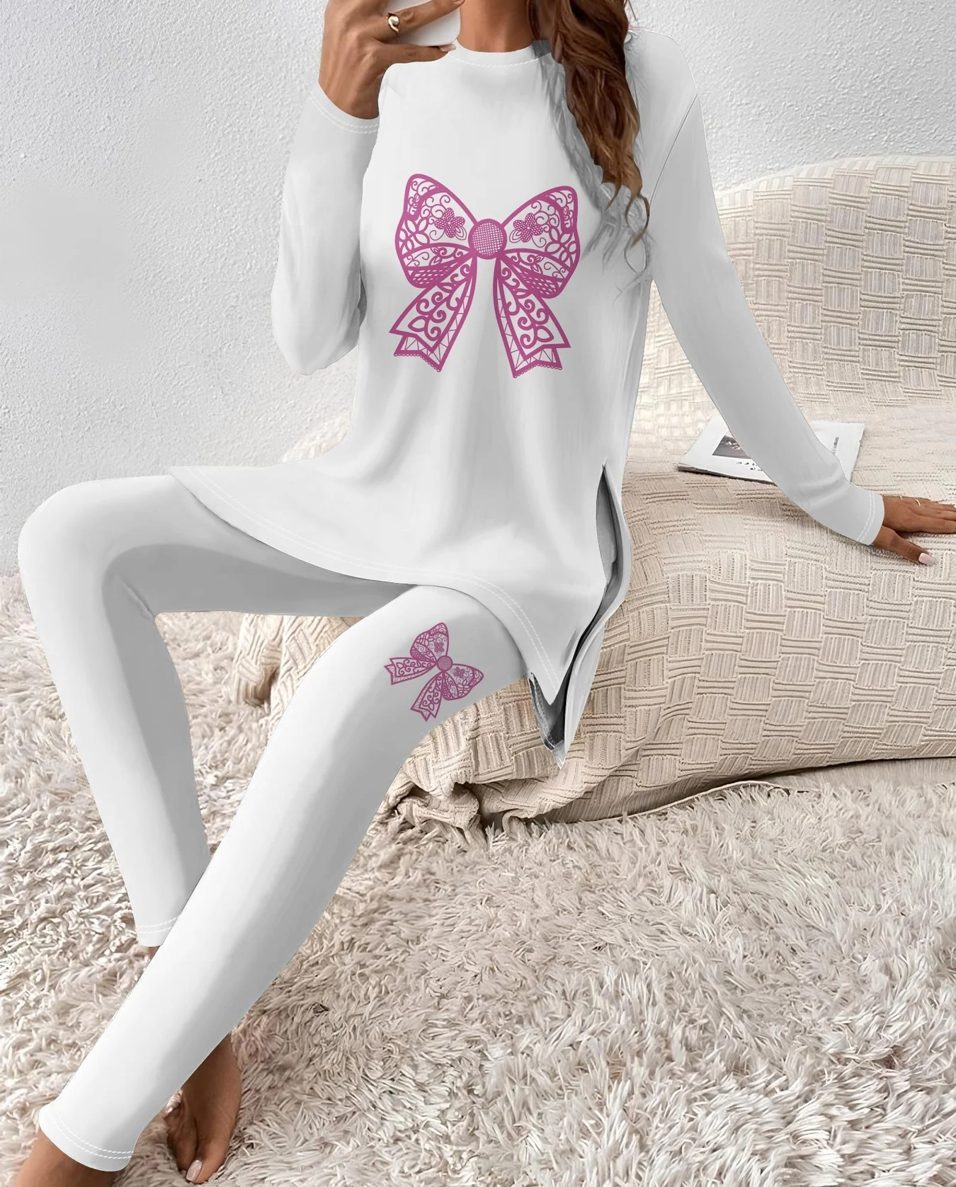 

Printed Design White with Pink Lace Bow Print Long Sleeve Top & Pants Set Casual Daily Home Wear Soft Comfortable Two Piece Outf