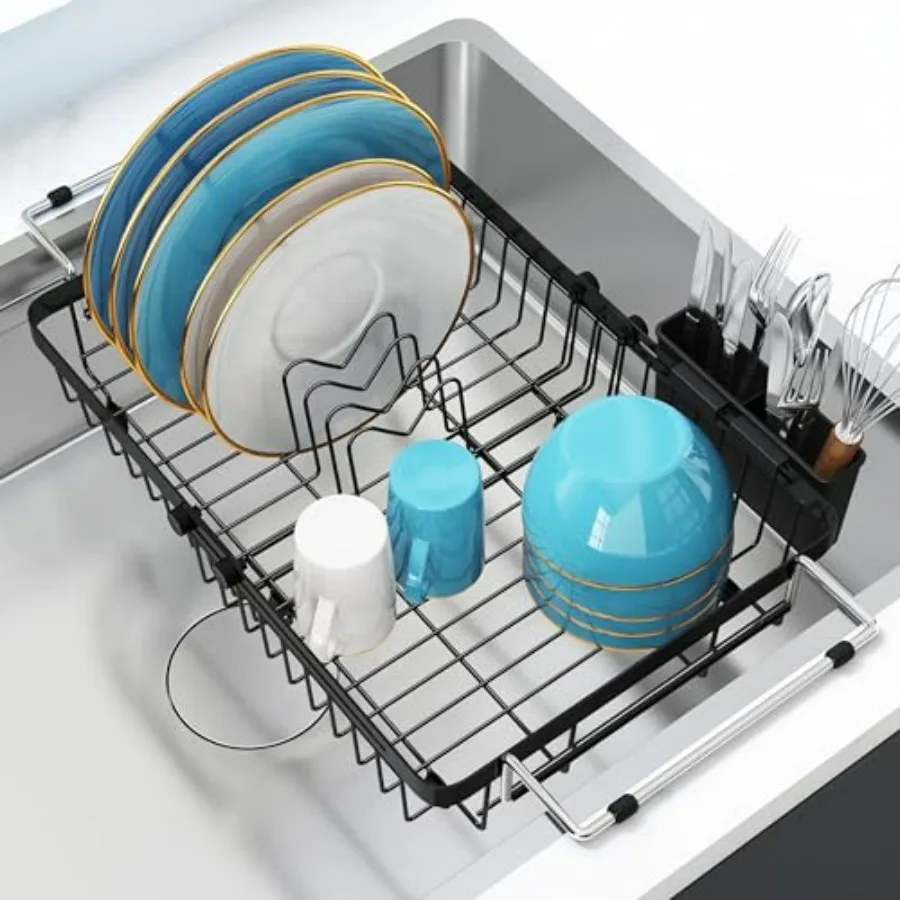 

Expandable Dish Drying Rack Over The Sink Small Metal Stainless Steel Plate Holder for Compact Kitchen, Space Saving Modern Blac