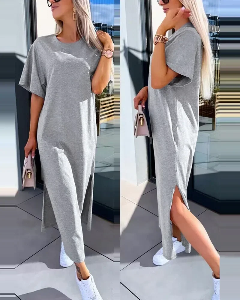 Rozcięcie Casual Dress Women Round Neck Long Dresses Short Sleeve Y2k Loose Casual Splice Elegant Mid Length Vestidos 2024 Summer