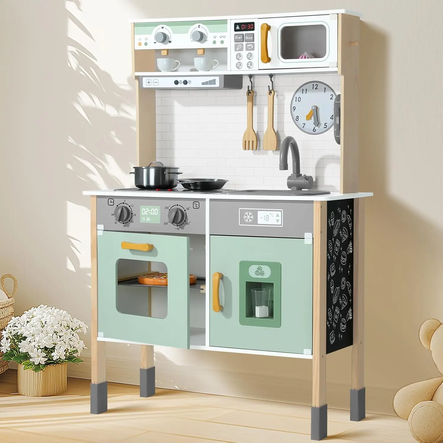 Baw się w kuchnię drewniany zestaw kuchenny dla dzieci udający zabawki dla małych dzieci z prawdziwymi światłami i dźwiękami, z regulacją wysokości 3, kredek