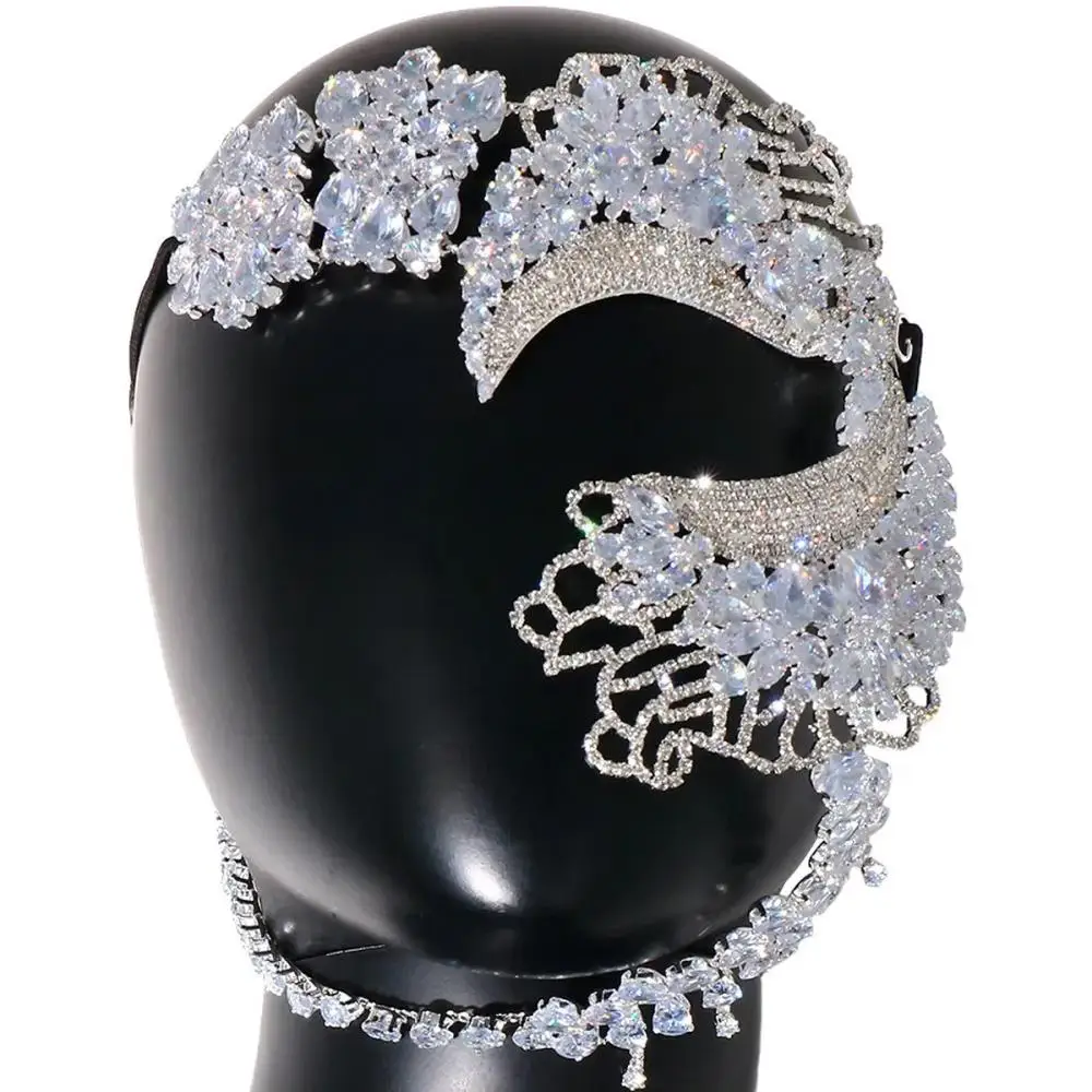 Exquisite Cubic Zirconia Mask Face Jewelry for Women Fashion 2024 Masquerade Elastic Rope Face Chain Halloween Accessories Party