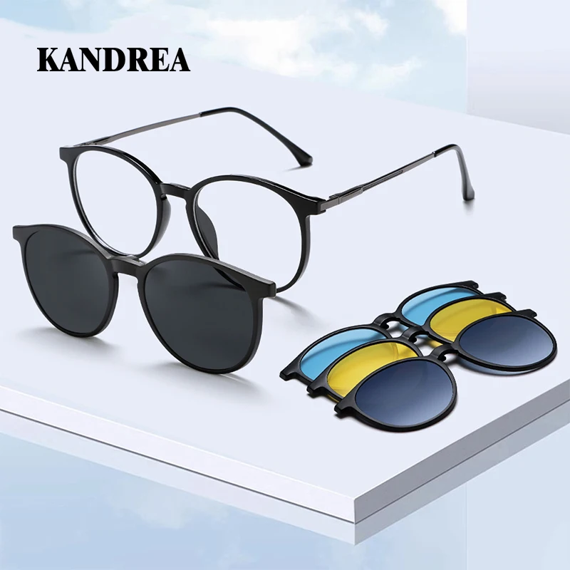 

KANDREA Vintage New Polarized Sunglasses Magnetic Round Frame Men Women Fashion 5 IN 1 replacement Sunglasses Eyeglasses 6085