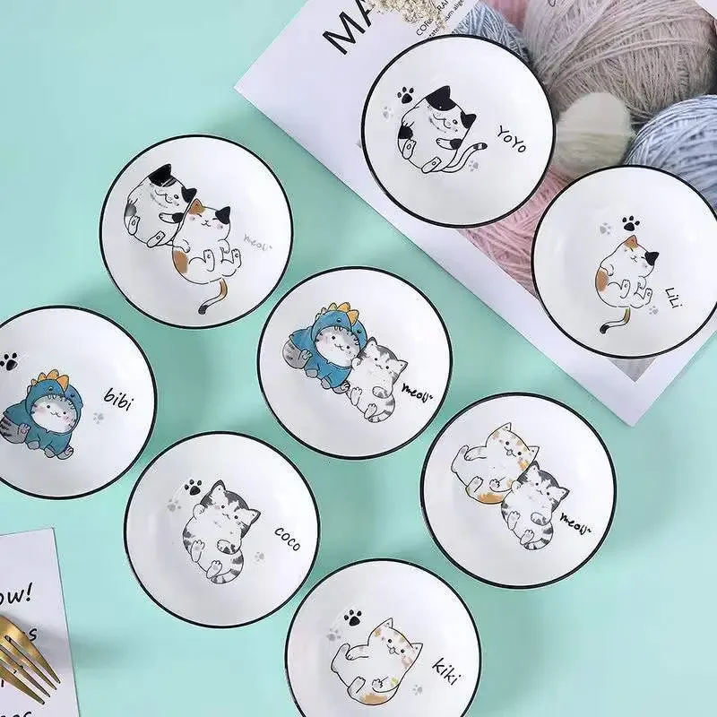 Cute cat mini heart-shaped pigment ceramic soy sauce vinegar jam kitchen small plate set tableware gift