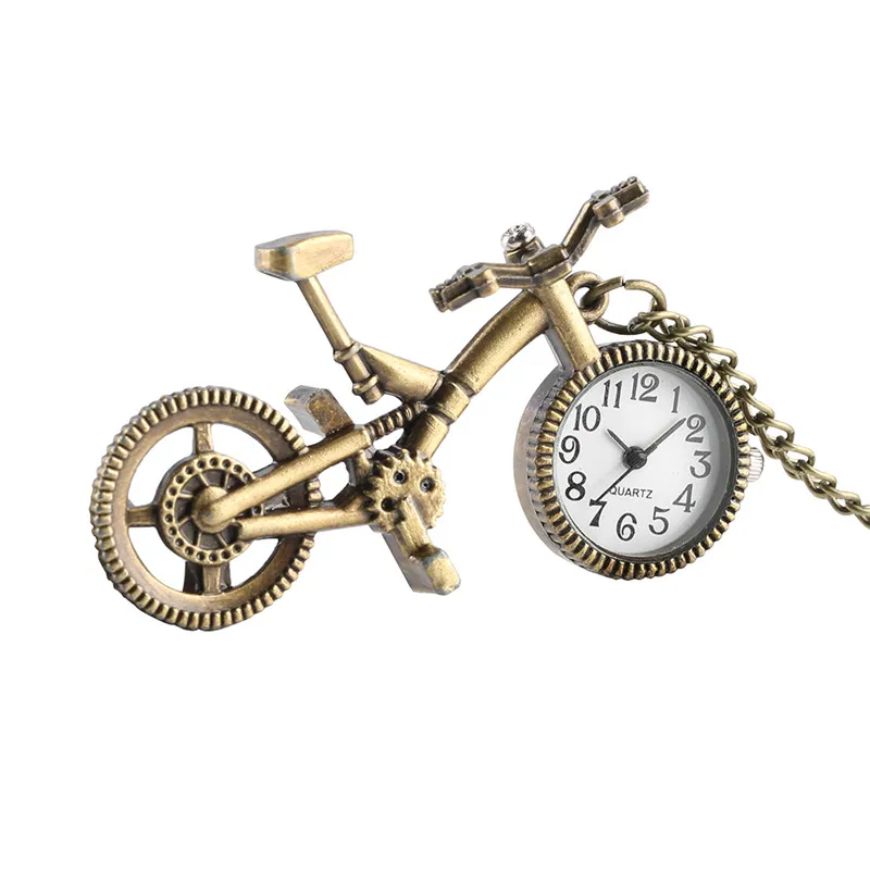 Vintage Bike Shape Clock Bicycle Men Women Quartz Analog Pocket Watch Pendant Necklace Chain Arabic Numeral Display Collectable