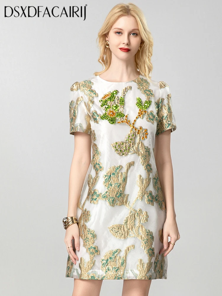 

DSXDFACAIRIJ Vintage Women's O-Neck Dress Short Sleeves Sequins Diamonds Jacquard Fabric Fashion Summer Female Clothing