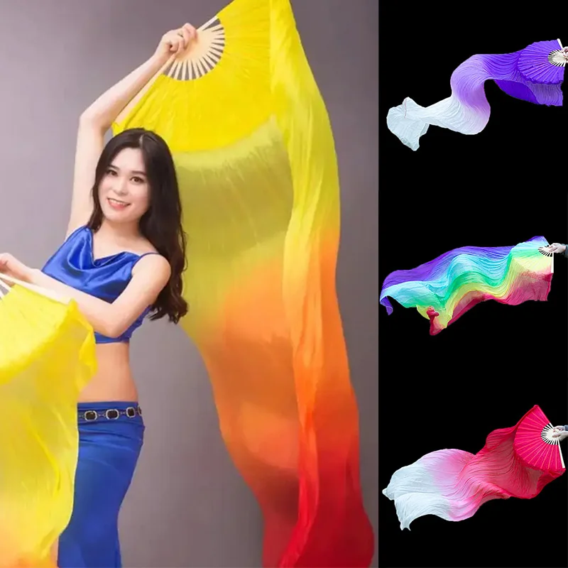 1pc 150cm Length Hot Sell Ms.belly Dancing Fan Gradient Color Dancer Practice Long Imitation Dance Props Silk Fans