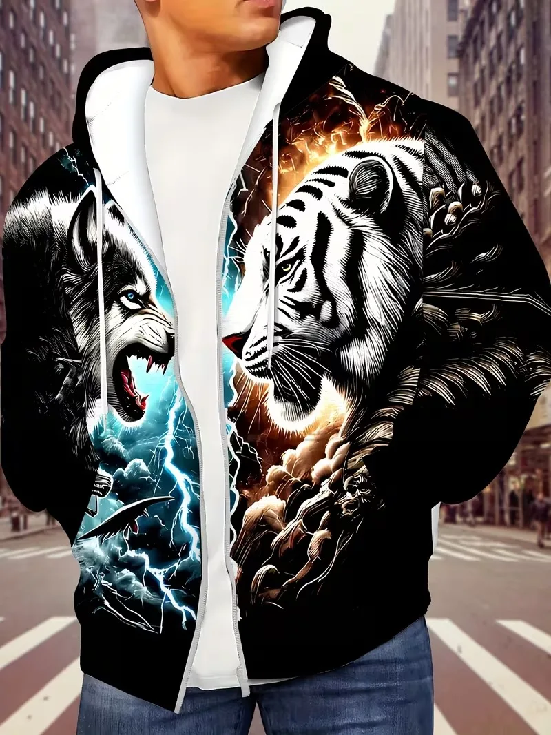 New Tiger Wolf Duel 3D Printed Men's Zipper Hooded Jacket Casual Outdoor Spring And Autumn Jacket Y2K Zipper Men's Hooded Shirts