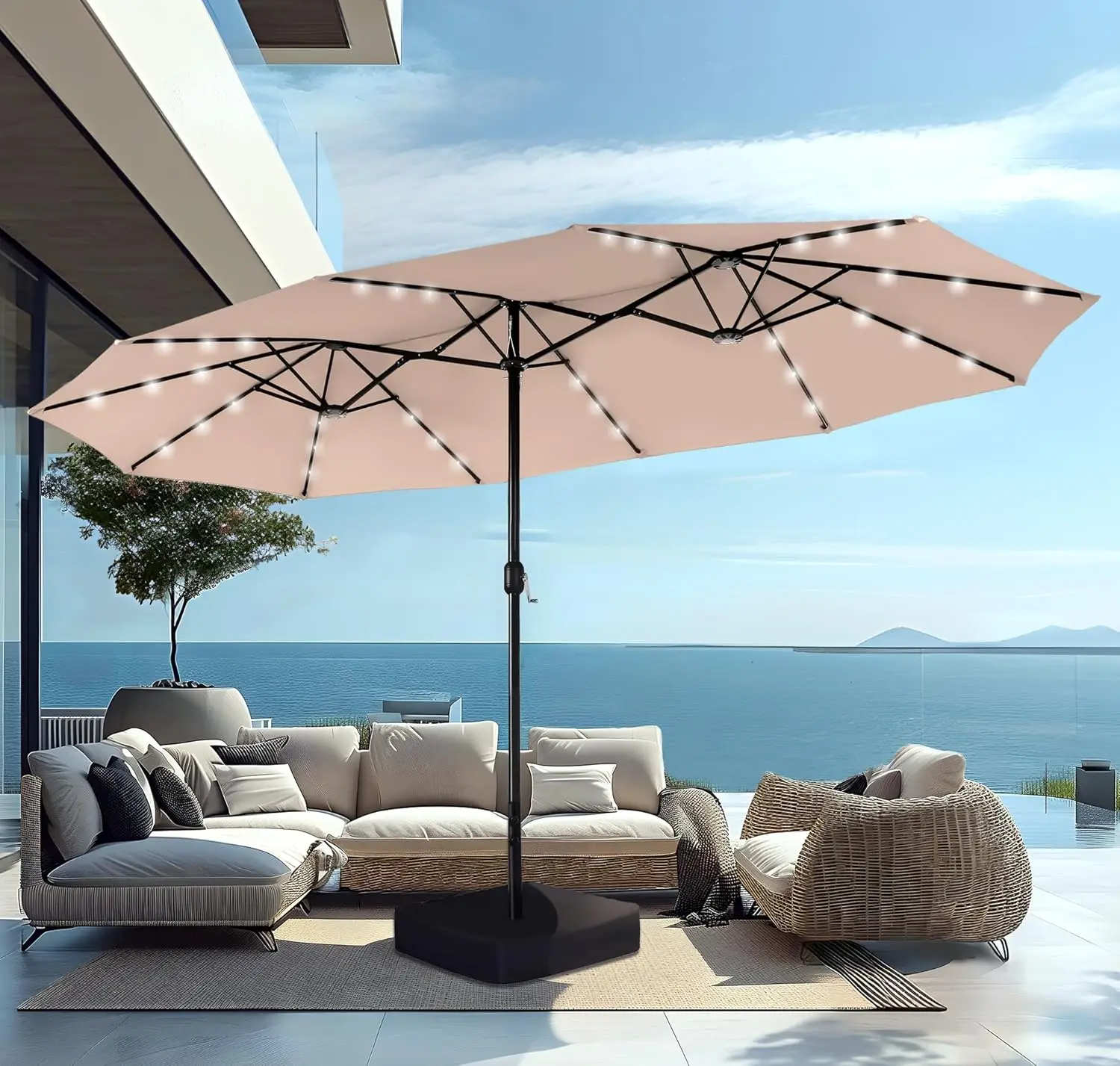 15ft Large Patio Umbrella with Base & Solar Lights, Double-Sided Outdoor Rectangle Umbrellas with 36 LED Lights, Beige