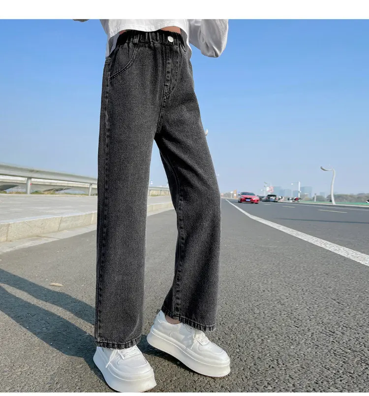 2027 Lässige Jeans für Mädchen, Teenagerkleidung, elastische High-Waist-Denim-Hose mit weitem Bein, Frühlings-Modelle für ältere Kinder, gerade Hose, 5-14 Jahre – Detail 6