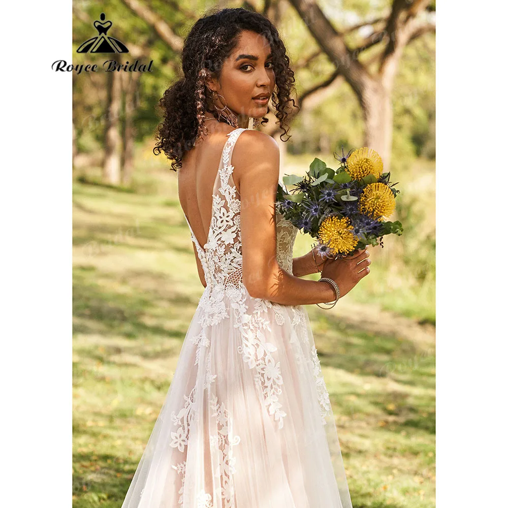 Roycebridal رقبة V أحمر خدود وردي A خط بوهو فستان الزفاف مع الحجاب الدانتيل زينة 2023 زي العرائس سويب تراين abito da sposa