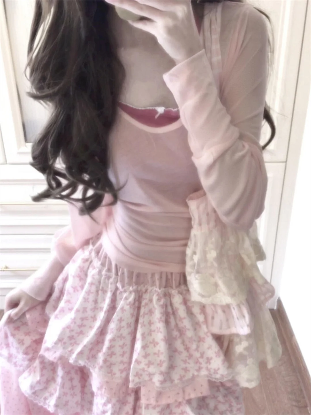 Korean Style Pink Lace U-Neck Sun Protection Cover up Women's Summer Slimming Inner Tank Top Two-Piece Set Commute Fashion