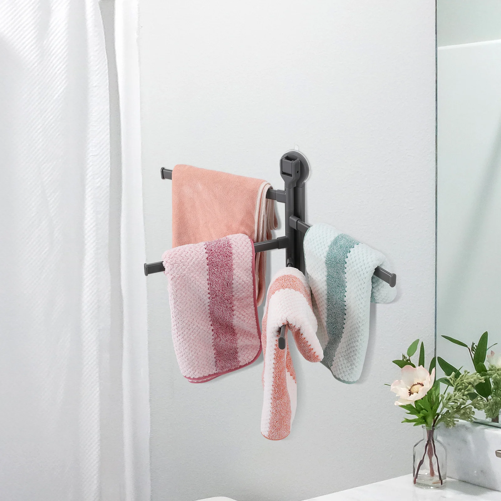 

Suction Cup Rotating Towel Rack Adjustable 4-Bar Swing Arm No Drill Bathroom Wall Mounted Towel Organizer Wall Adsorption Holder