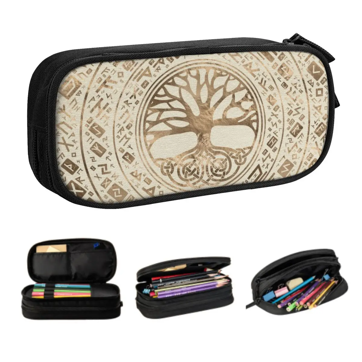 Custom Kawaii Tree Of Life Yggdrasil Runic Pattern Pencil Case for Girl Boy Large Storage Vikings Pencil Pouch Stationery