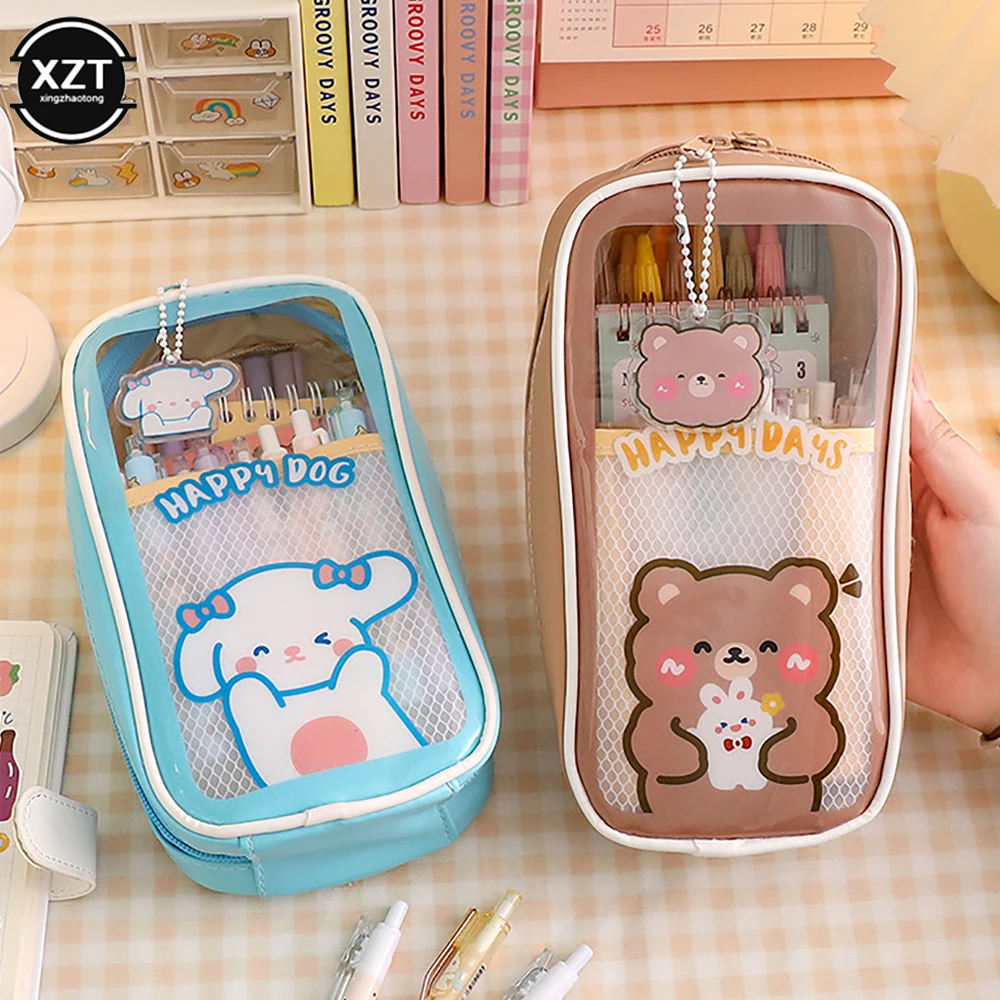 Cute Creative Transparent PVC Large Capacity Pen Pouch Children Cartoon Student Stationery Transparent Plastic Pen Case Pouch