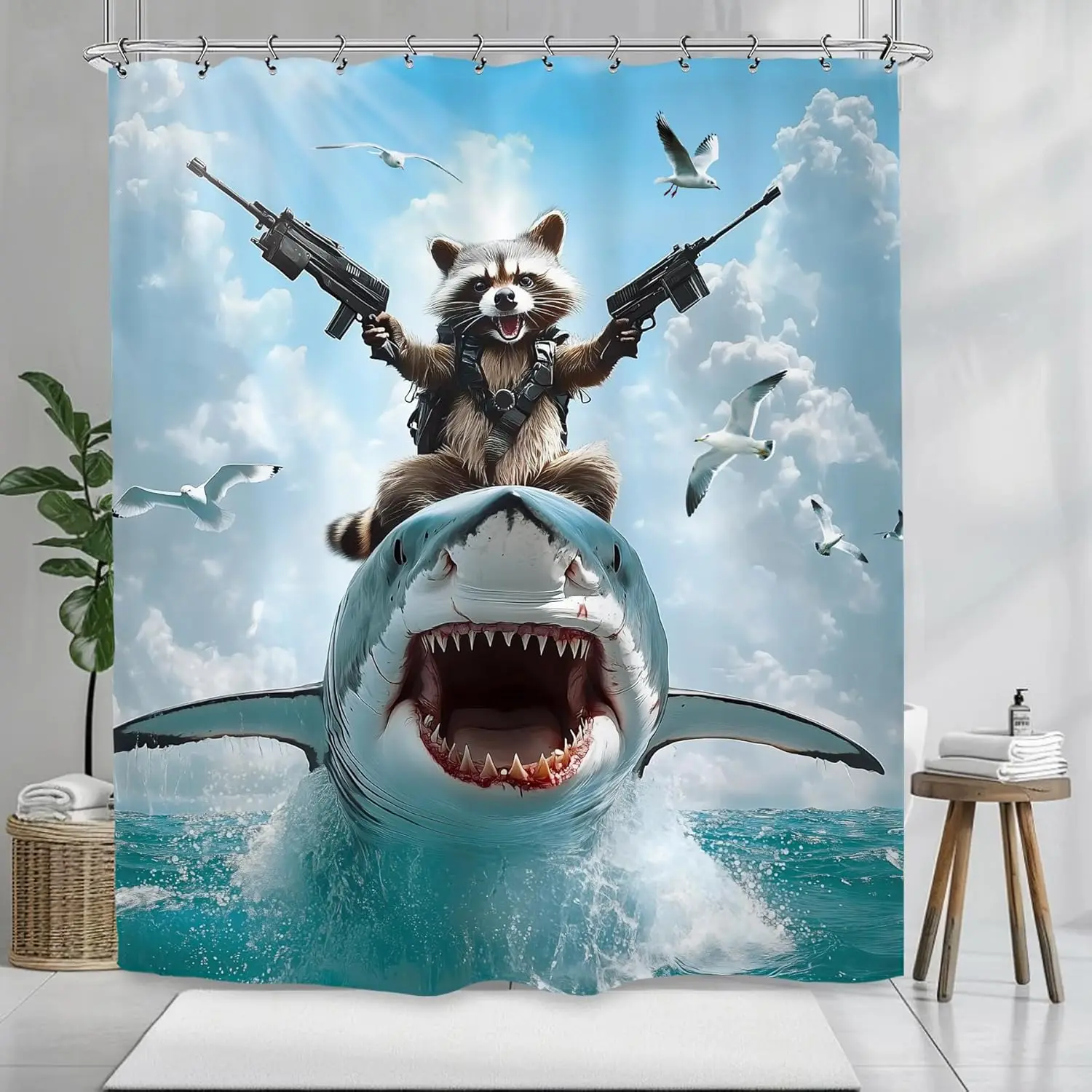 Raccoon Riding Shark Shower Curtain Funny Animal Adventure Bathroom Decor Humorous Action Bath Curtain for Home Decoration